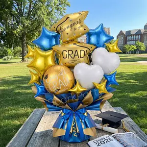 15pcs Graduation Party Balloon Bouquet Set, Hat Shape, 18inch Round, Star, Heart Balloons, Heart Shaped Balloons, 2026 Ceremony Decorations