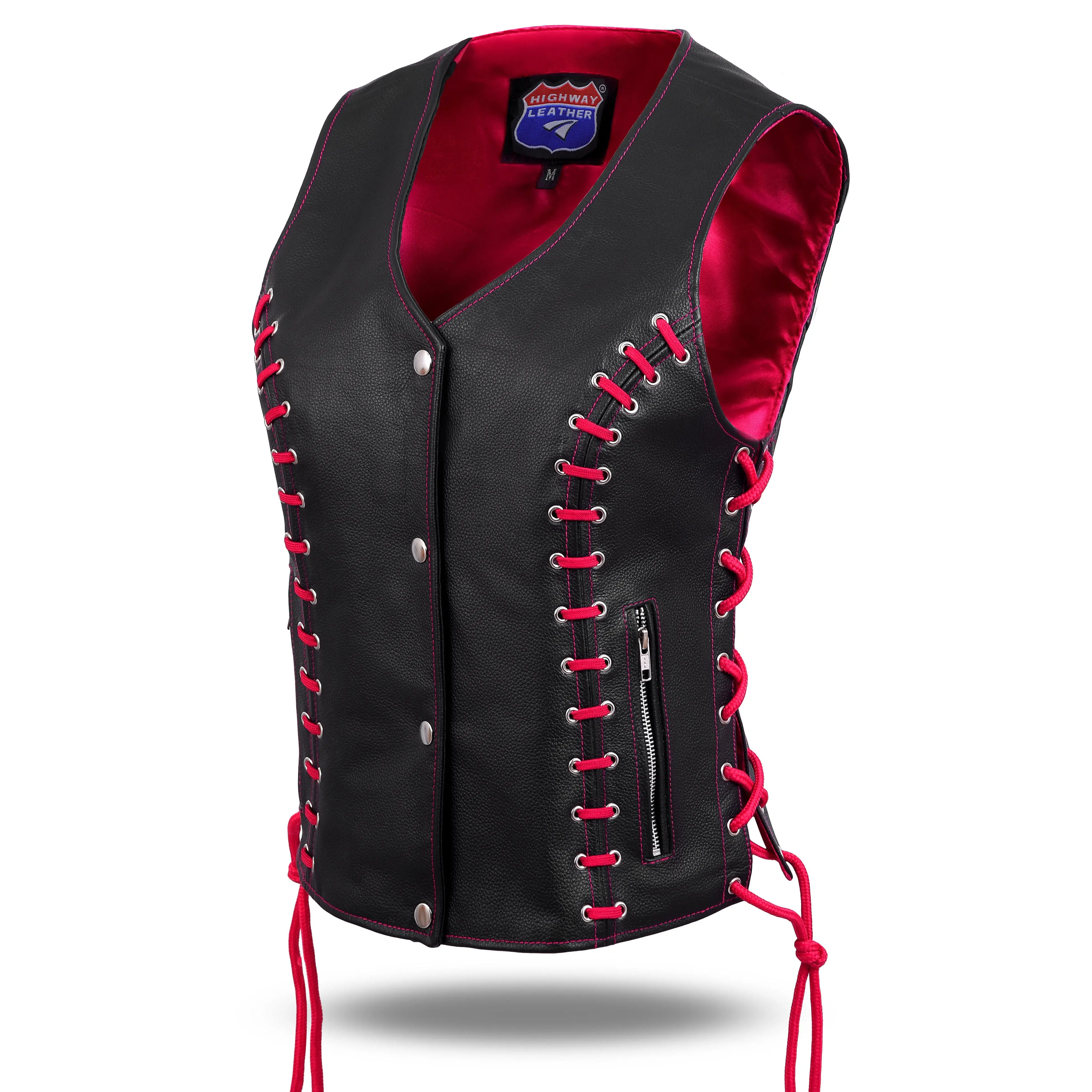 HL14859PINKEYELET Women's Pink/Black Buffalo Leather Vest, Adjustable Eyelet Side Lace, Soft Purple V-Neck, Comfortable Everyday Casual Elegant Womenswear Top