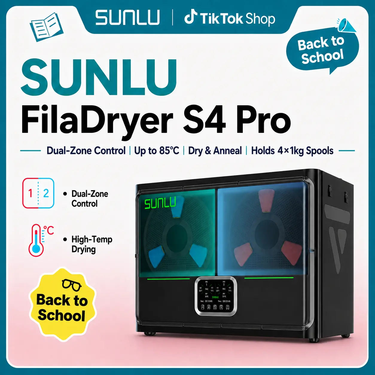 SUNLU FilaDryer S4 Pro, Dual-Zone Filament Dryer with Independent Temperature & Time Control, 85℃ Max Temperature, Drying & Annealing 2-in-1, Fits 4 × 1kg Filament Spools tiktokshopbacktoschool