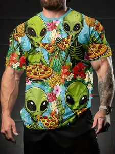 Alien Pizza Party Tropical 3D Digital Print T-shirt, casual and versatile sporty men's crew neck short-sleeve, suitable for daily wear, a perfect holiday gift for men