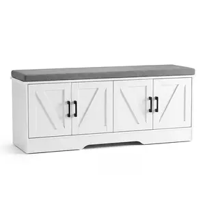 Storage Bench, Shoe Bench with Padded Seat Cushion, Large Capacity Entryway Bench with Cushion & 4 Barn Doors, White Storage Cabinet for Shoes/Blankets, Versatile Furniture for Hallway, Living Room, and Bedroom