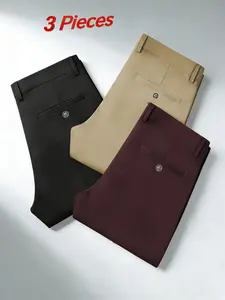 Three-pieces Men's New Loose Straight Leg Elastic Solid Color Formal Pants, Anti-Wrinkle Comfortable Business Casual Trousers for All Seasons