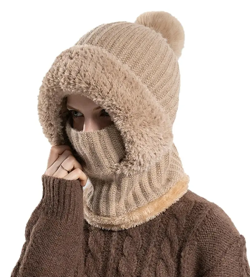 3-in-1 Winter Fleece-Lined Knit Beanie Hat-Scarf-Mask Set with Ear Flaps, Windproof Neck Warmer for Cycling, Outdoor Sports