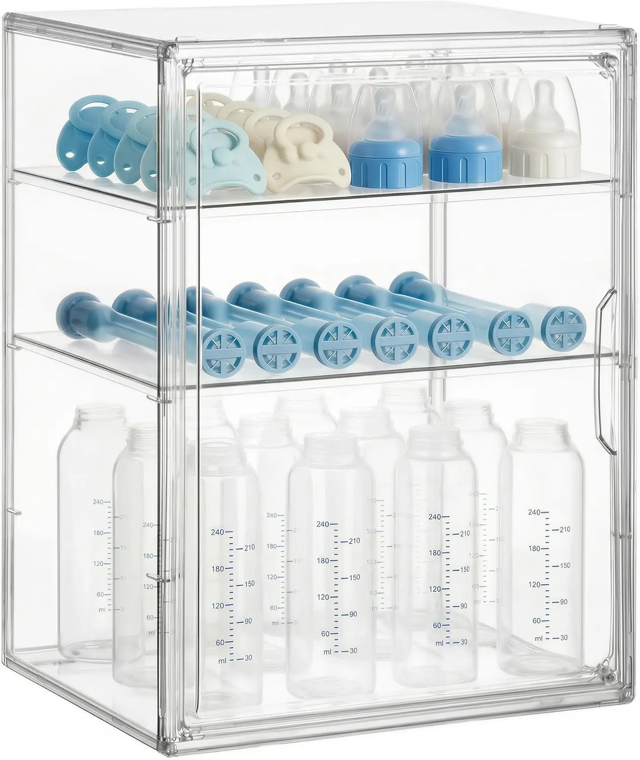 Baby Bottle Storage Organizer for Countertop Cabinet, 3 Tiers Adjustable Clear Acrylic Bottles Storage Station Case Box Container with 2 Removable Dividers and Magnetic Door, Large