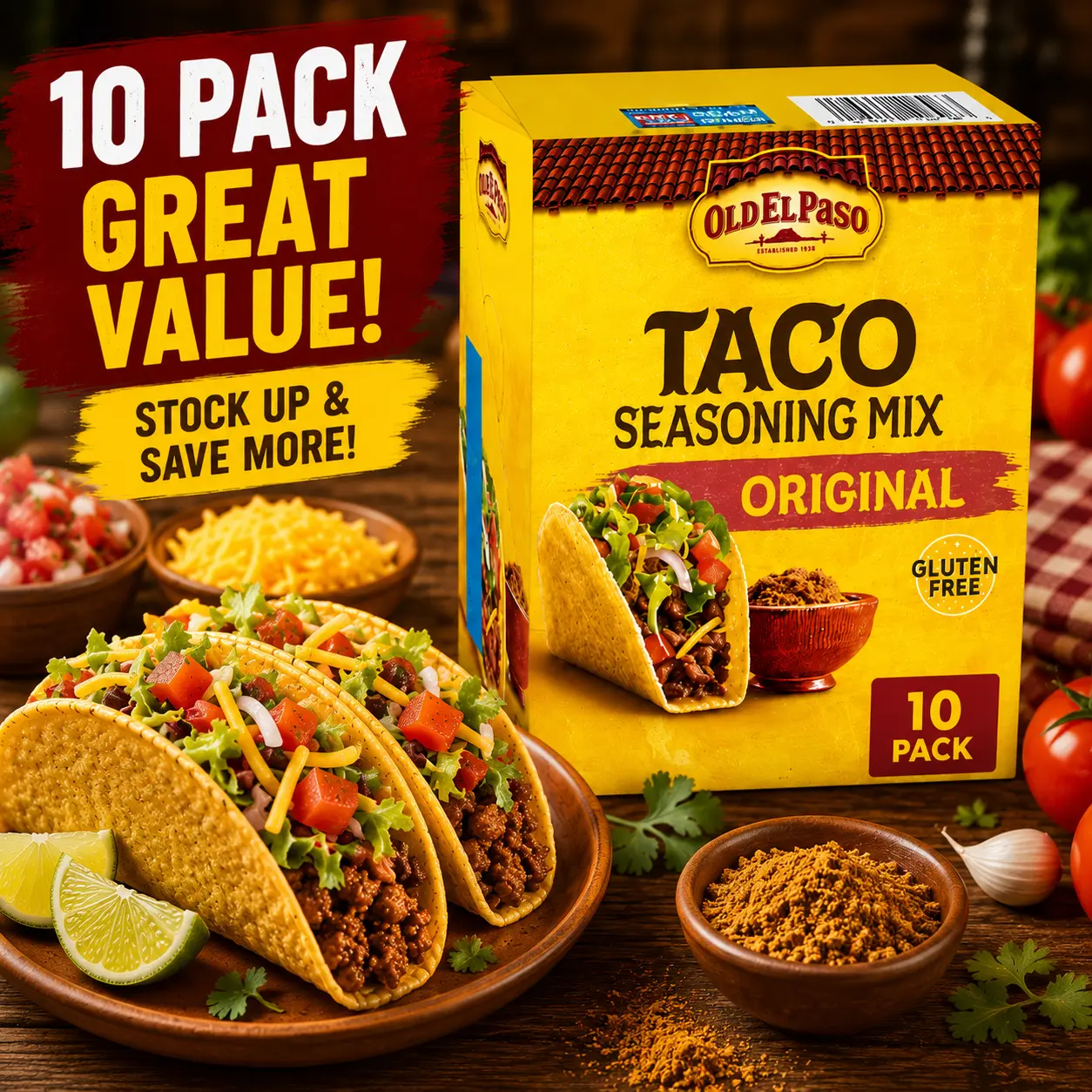 Old El Paso Original Taco Seasoning Mix, 10 Pack, 10 oz, Authentic Mexican Style Taco Spice Blend for Beef, Chicken, Fajitas, Burritos, Nachos and Family Taco Night