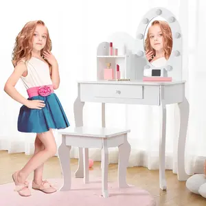 Gaomon Kids Wooden Princess Vanity Desk - White Dressing Table with Mirror Lights, 3 Light Modes, Drawers, and Matching Stool