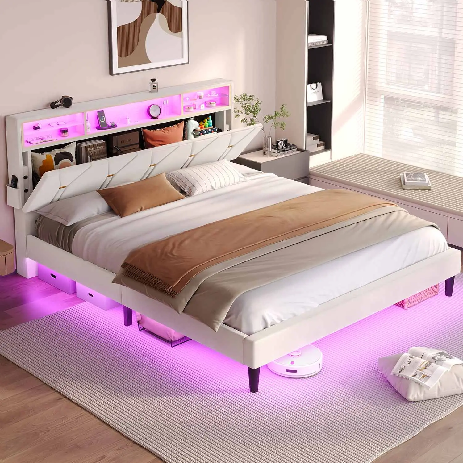 SIKAIC Contemporary Upholstered Queen Bed Frame - Faux Leather, LED Lights, Storage Headboard, White Bed Frames for Bedroom Use, Contemporary Upholstered Bed