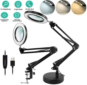 10X Magnifying Glass With Light and Clamp,LED Magnifier Desk Lamp with Stand, 3 Color Modes & Adjustable Lighting 10-Levels,Adjustable Swivel Arm - Magnifying lamp for Close Work, Repair, Crafts, Reading