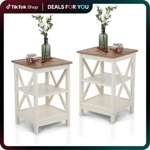 [Live] PHI VILLA End Table - Farmhouse Coffee Table with X-Shaped Design, Versatile Storage For Living Room Shelf Decoration Minimalist