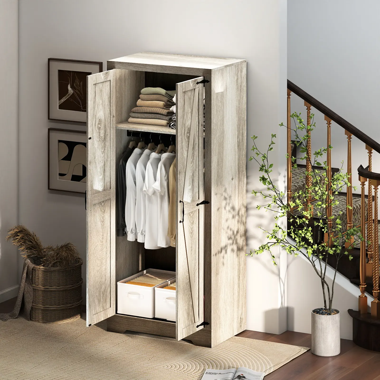 70.8-inch Freestanding Wooden Full Size Wardrobe - Double Door Storage Cabinet with Independent Metal Hanging Rod, Adjustable Shelf, Easy Assembly, Assembly Required for Bedroom, Living Room