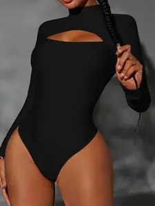 Women's Fall Winter Half High Neck Jumpsuit, Hollow Out Design Front, Versatile Inner Layer, Perfect for Outdoor Wear, Bodysuit