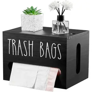 Trash Bag Dispenser, Large Wooden Trash Bag Holder Wall Mount, Black Roll Holder for for 13-gallon Plastic Garbage Bags Dispenser Countertop, Under Kitchen Sink Organization