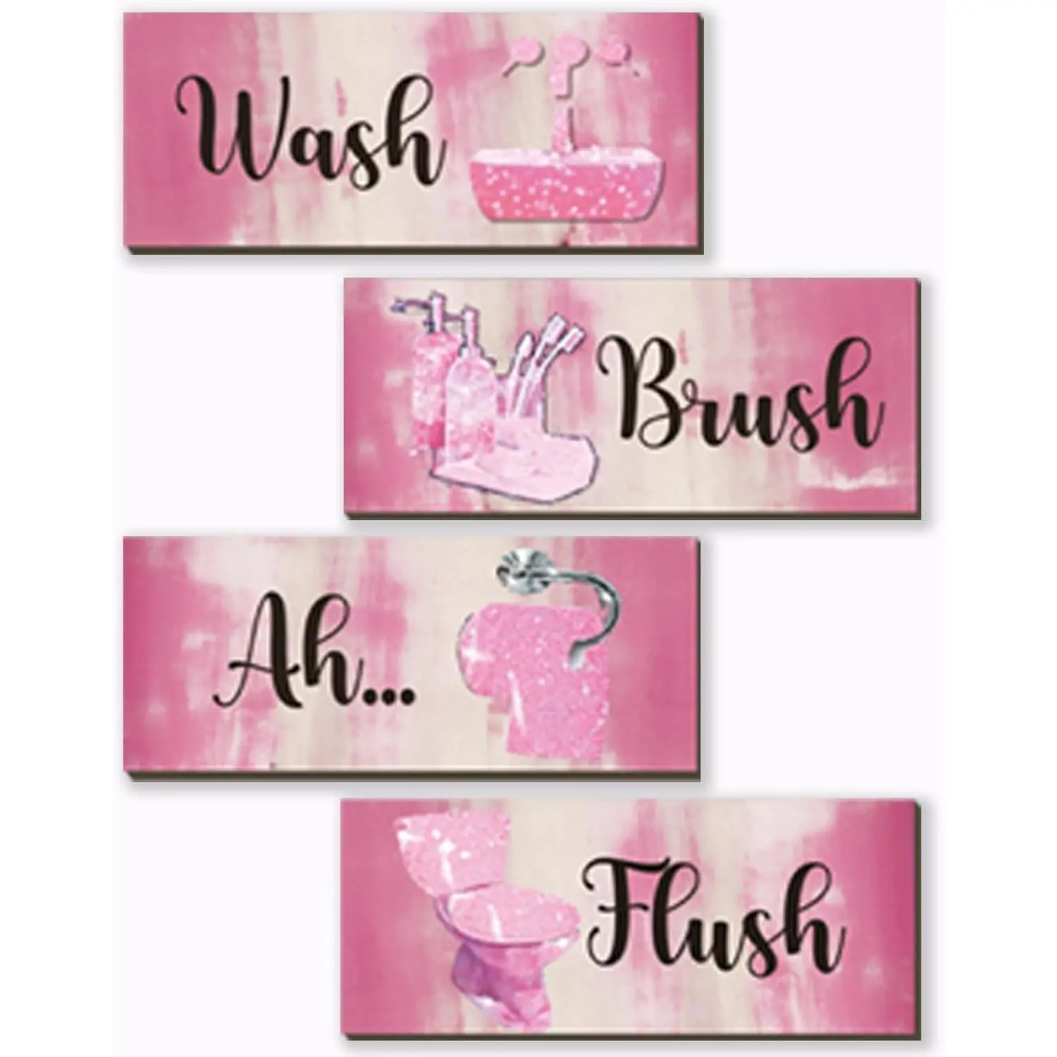 4 count Pink Bathroom Decor Abstract Wall Decor Wooden Pink Bathroom Accessories Modern Funny Glitter Wall Art for Home Toilet Decoration 10x4 Inches