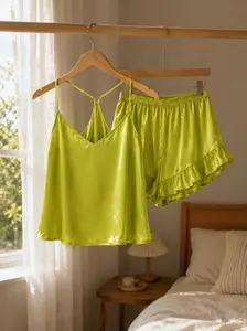 Women's 2-Piece Lime Green Satin Pajama Set - V-Neck Adjustable Strap Cami Top, Ruffle Hem Shorts - Soft Silky Sleepwear Loungewear for Summer Nightwear
