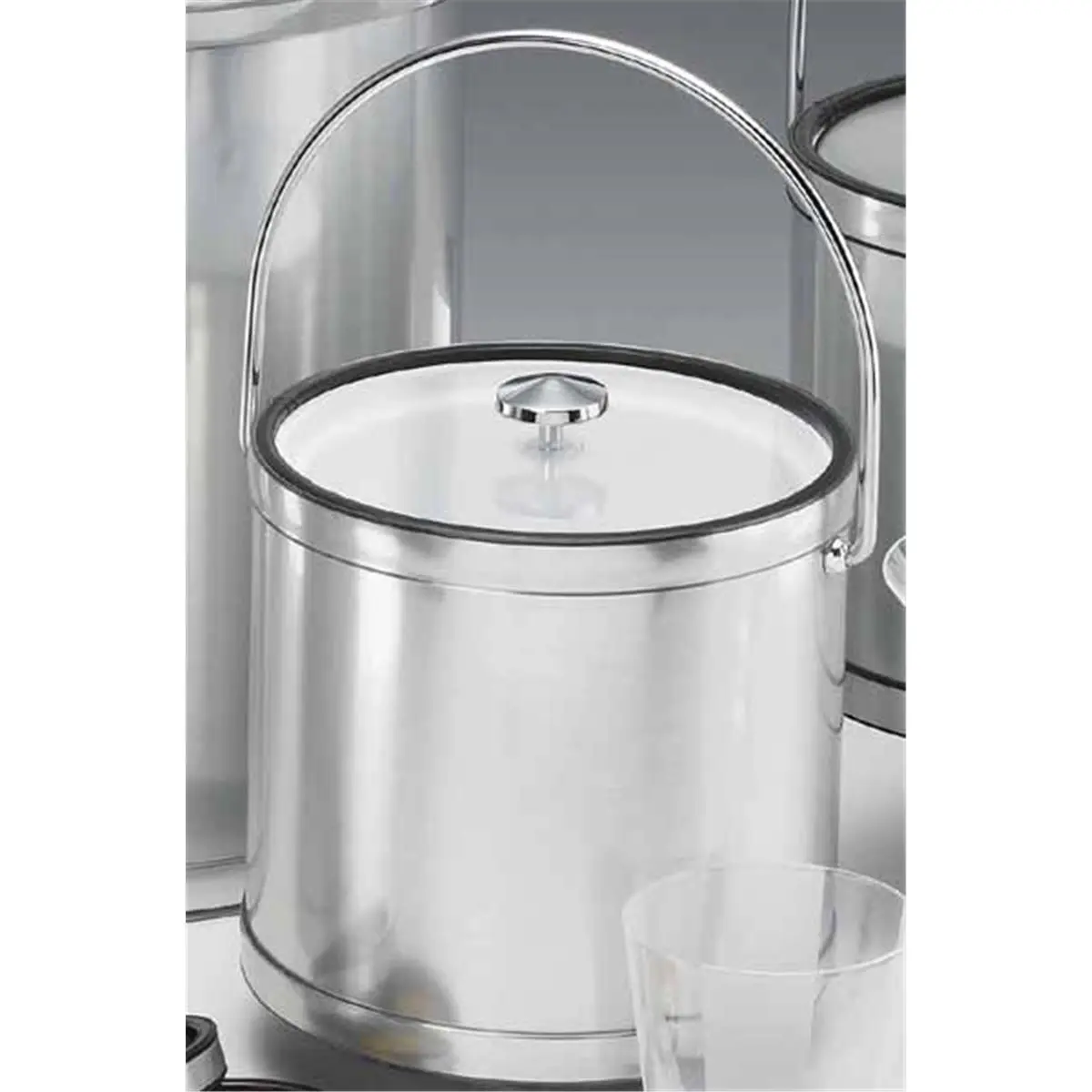 Kraftware 76364 Mylar Brushed Chrome 3 Quart Ice Bucket with Bale Handle Lucite Cover with Flat Knob