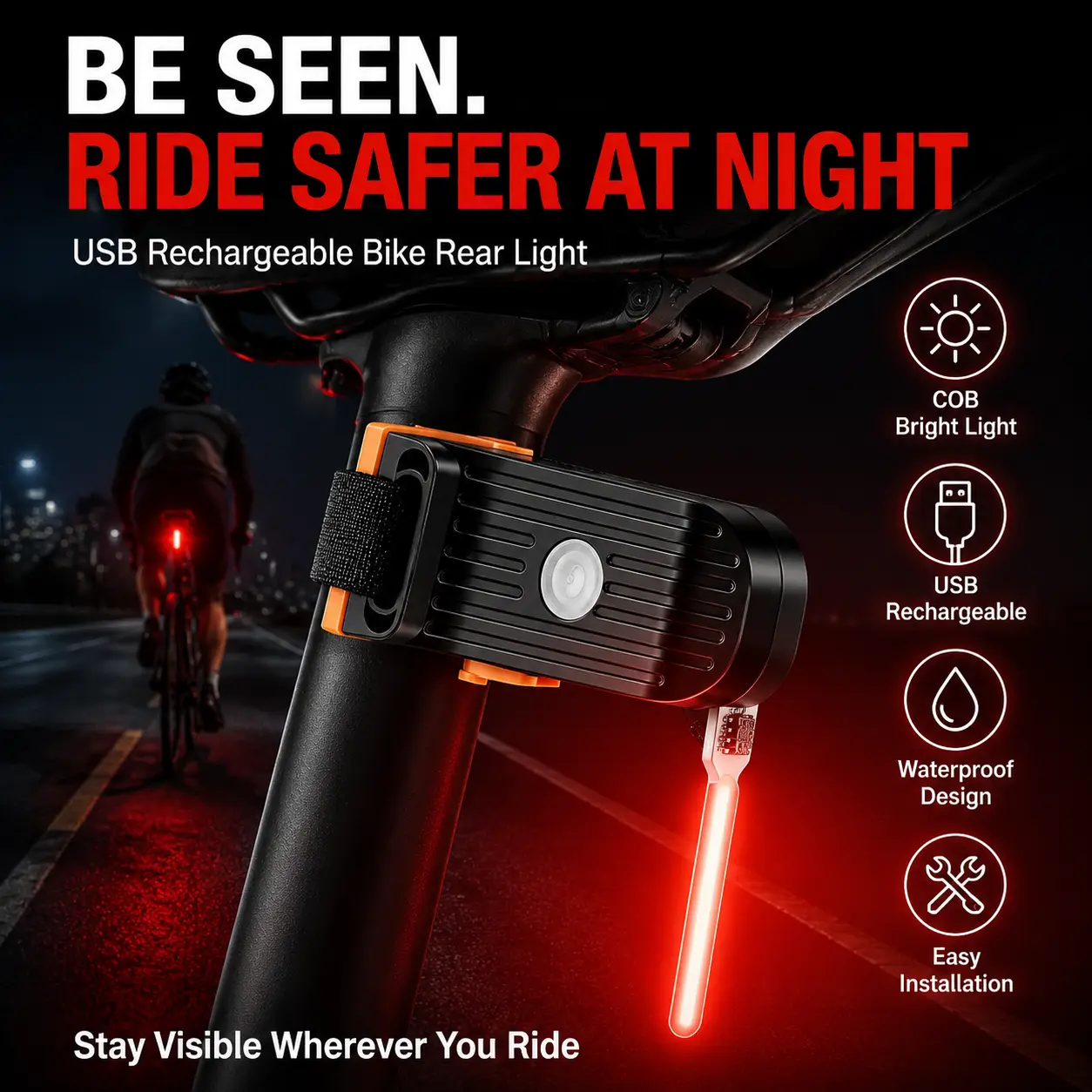 USB Rechargeable Bike Rear Light, COB LED Bicycle Tail Light with Multiple Modes, Waterproof Safety Warning Lamp for Night Riding, Easy Installation