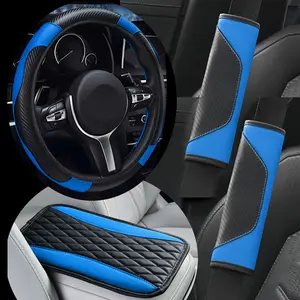 Classic Luxury Car Interior Set 4pcs, Carbon Fiber Faux Leather Steering Wheel Cover, Central Armrest Pad, Belt Shoulder Pads, Non-Slip And Wear-Resistant, Car Steering Wheel Cover Set Suitable for All Seasons