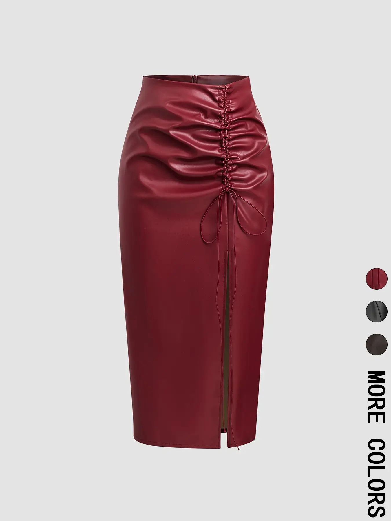 Women's Ruched Adjustable Drawstring Split Thigh Pu Leather Skirt, Thigh Slit, Fashion Casual Fit High Waist Long Skirt for Daily Wear, Women's Bottoms for Spring & Fall, Womenswear, Lady