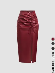 Women's Ruched Adjustable Drawstring Split Thigh Pu Leather Skirt, Fashion Casual High Waist Long Skirt for Daily Wear, Women's Bottoms for Spring & Fall, Womenswear