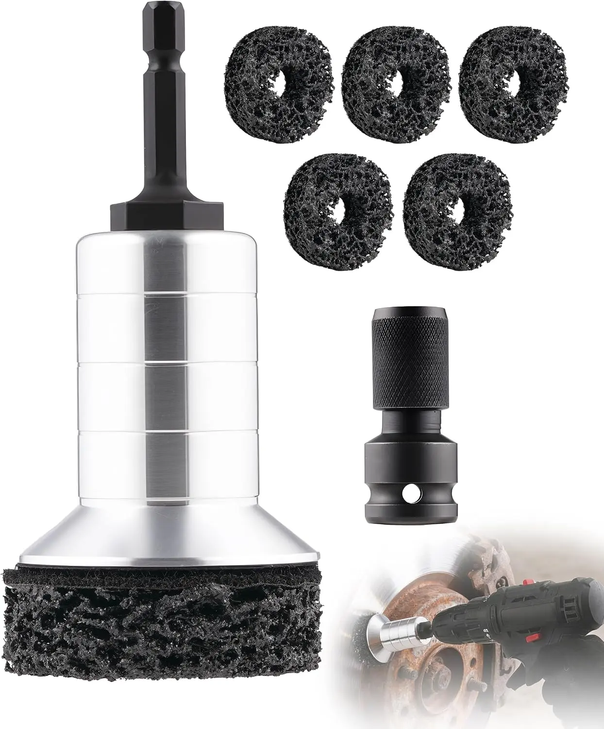 Wire Brush Drill Attachment Kit – Rust Remover & Wheel Hub Cleaner with Quick Change 1/4″ Hex Shaft, Fits 1/2″ Impact Wrench, Brake Rotor Resurfacing Tool for Cars & Trucks