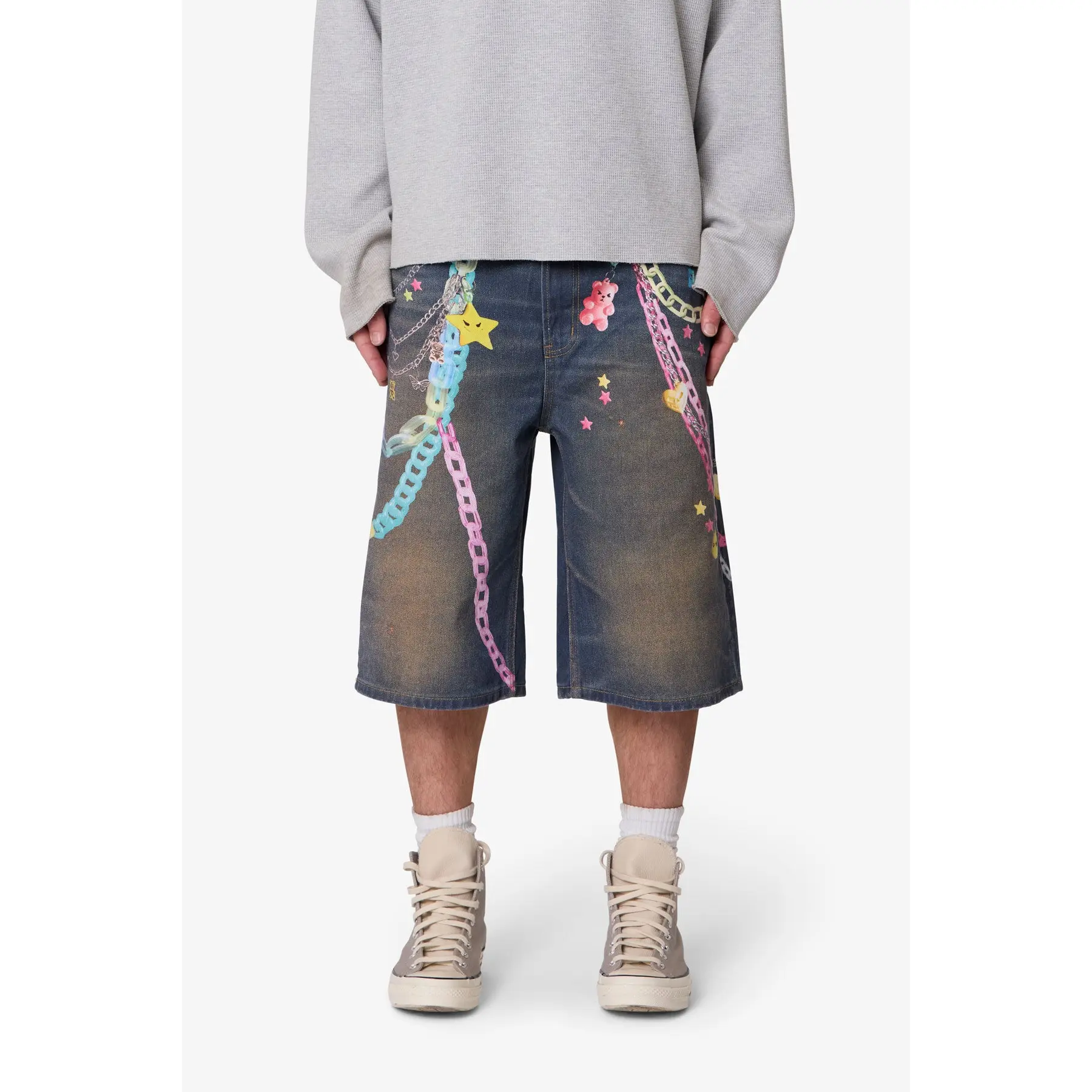 mnml Ultra Baggy Chain Printed Denim Shorts - Blue