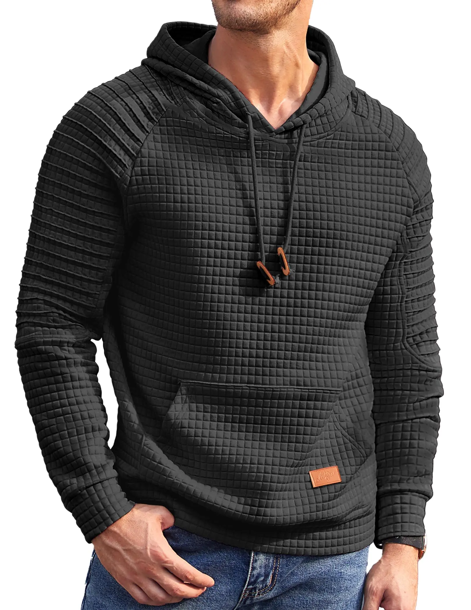 COOFANDY Men's Waffle Knit Hoodie Pullover - Long Sleeve, Drawstring, Kangaroo Pocket, Casual Style with Denim, Plaid, Lace, Spandex Accents, Stretch, Slacks, Tops, Menswear, Fabric, Thermal, Sweatshirt, Soft, Pleated, Plain, Breathable, Stylish