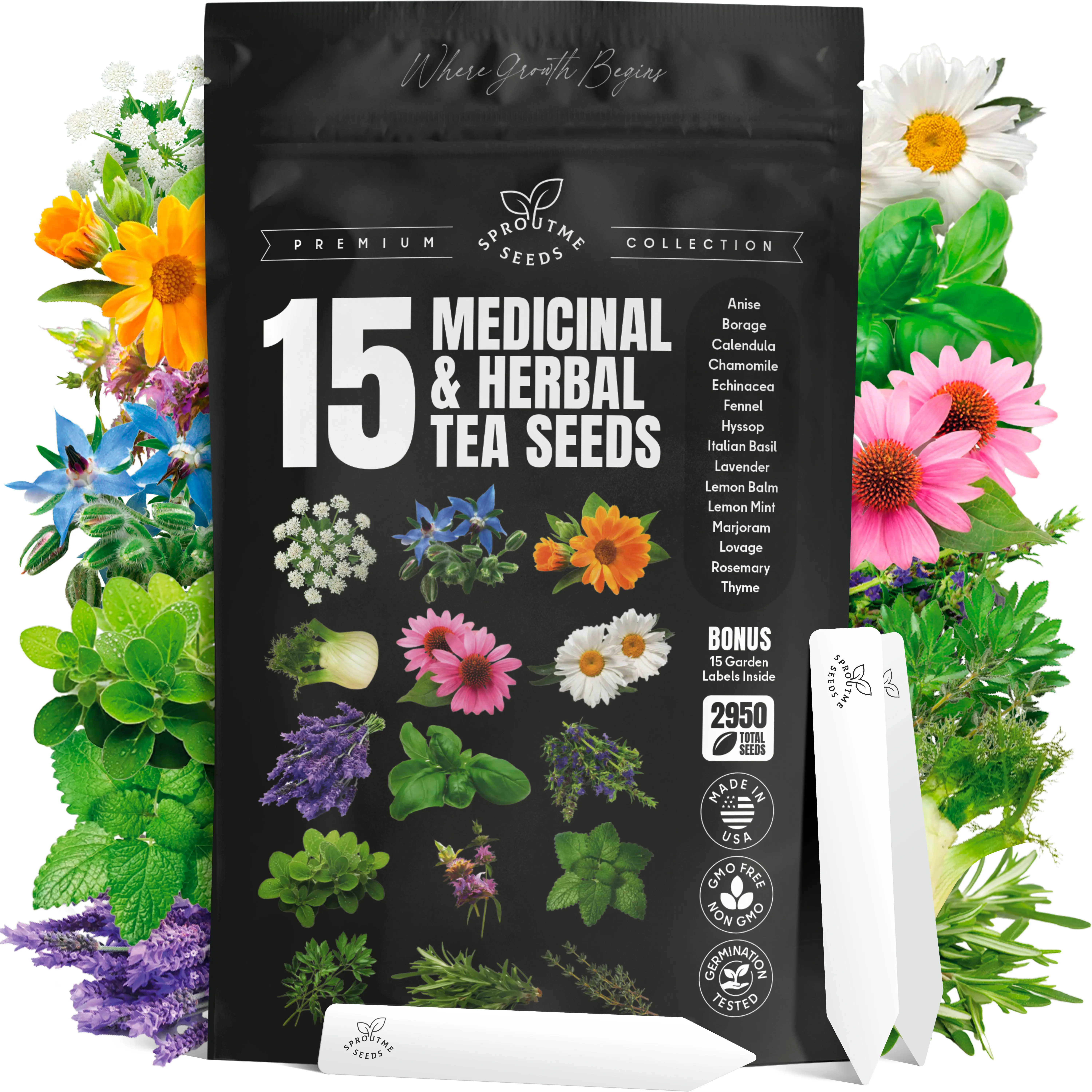 15 Variety Herbal Tea Seed Kit – 2950+ Non-GMO Seeds