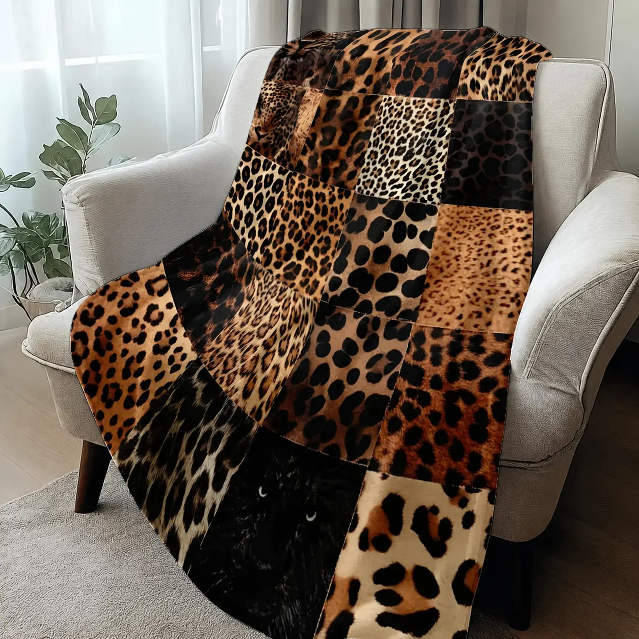 Leopard Print Mosaic Flannel Blanket, Ultra-Soft Gentle Throw with Wild Animal Pattern, Warm Couch Sofa Bed Blanket, All-Season Bedroom Decor Gift for Women, Friends and Family