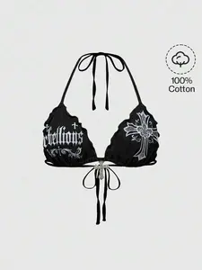 Y2K Sexy Gothic Cross Print Rhinestone Decor Halter Top