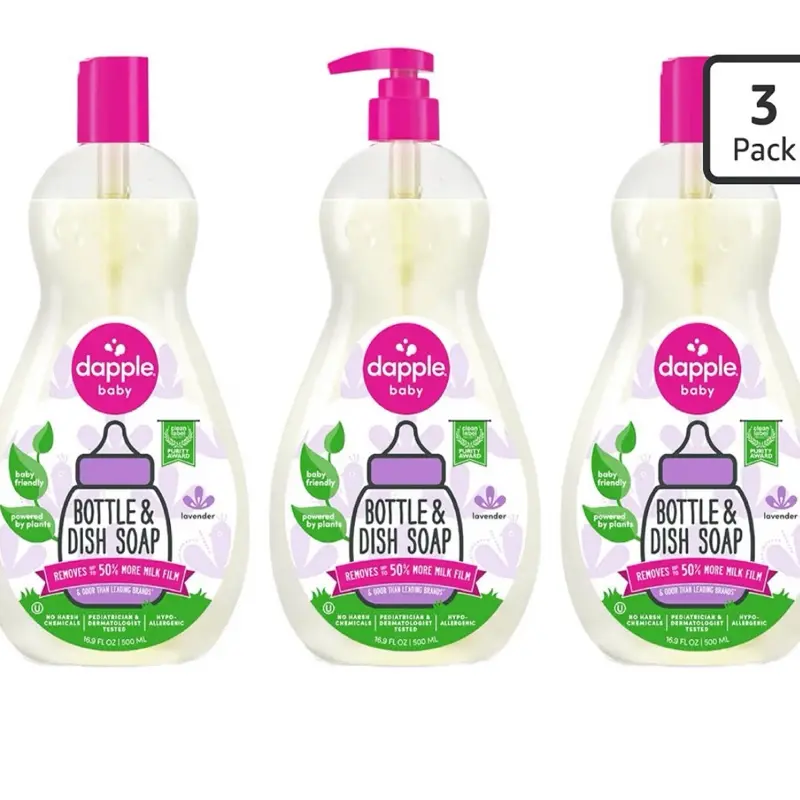 Dapple Baby Lavender Plant-Powered Bottle & Dish Soap, 3-Pack (16.9 oz Each), Cleans Bottles, Pump Parts & Sippy Cups, Includes 1 Pump
