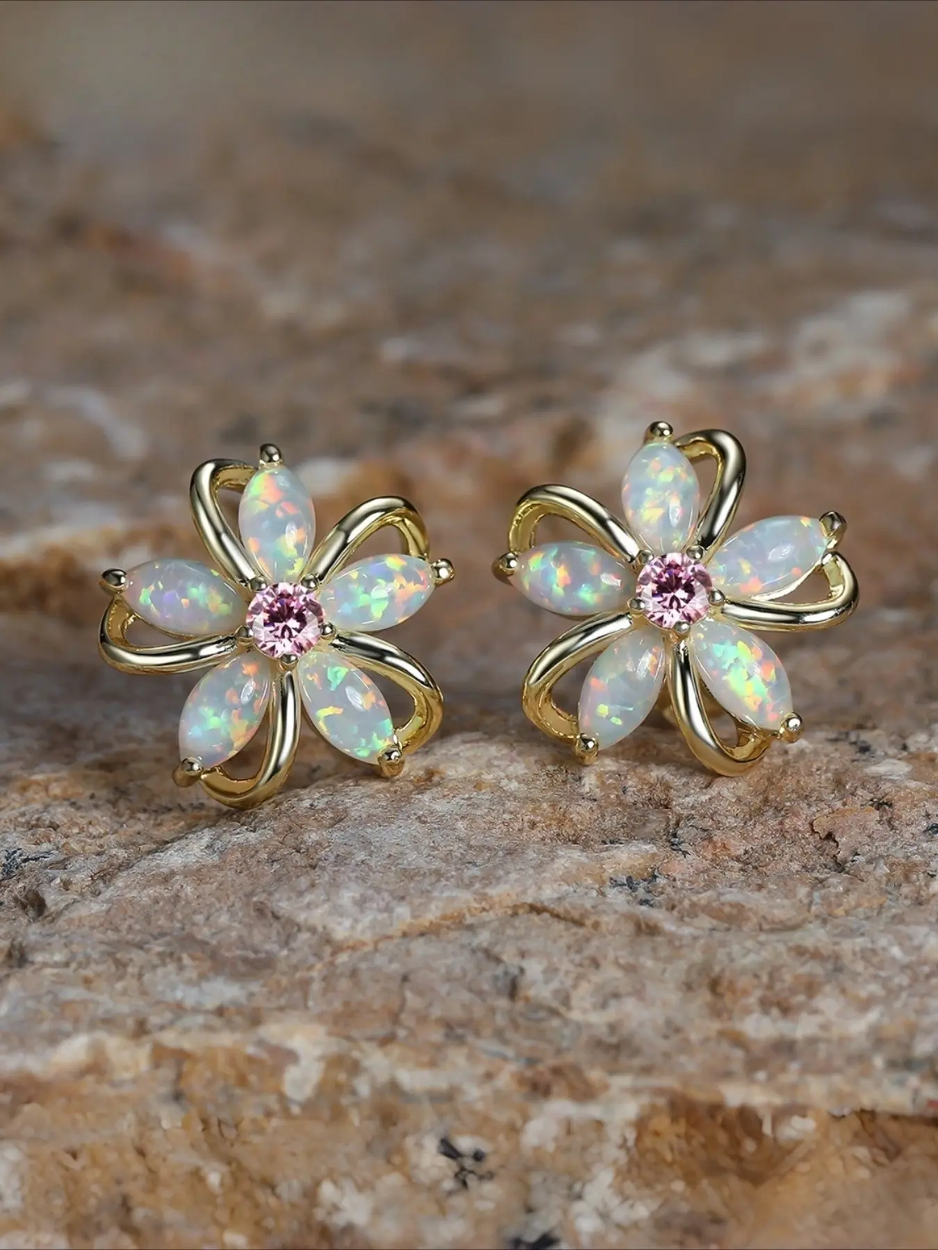 Golden color inlay pink and white synthetic opal cherry earrings wedding Valentine's gift Stud Earring Jewelry Flower Stud Earrings Floral Stud Earrings