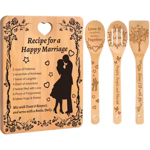 Bridal Shower Gifts - Wedding  for Couples 2025 with "Recipe for a Happy Marriage" Design,   Board with Engraved Utensils for Bride and Groom Engagement