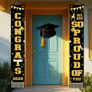 2026 Graduation Season Banner Couplet, Celebrating Graduation, Black Gold Graduation Season Porch Banner, Polyester Material. Festival decoration, family gathering, graduation season decoration, most suitable for graduation ceremony 30x180cm