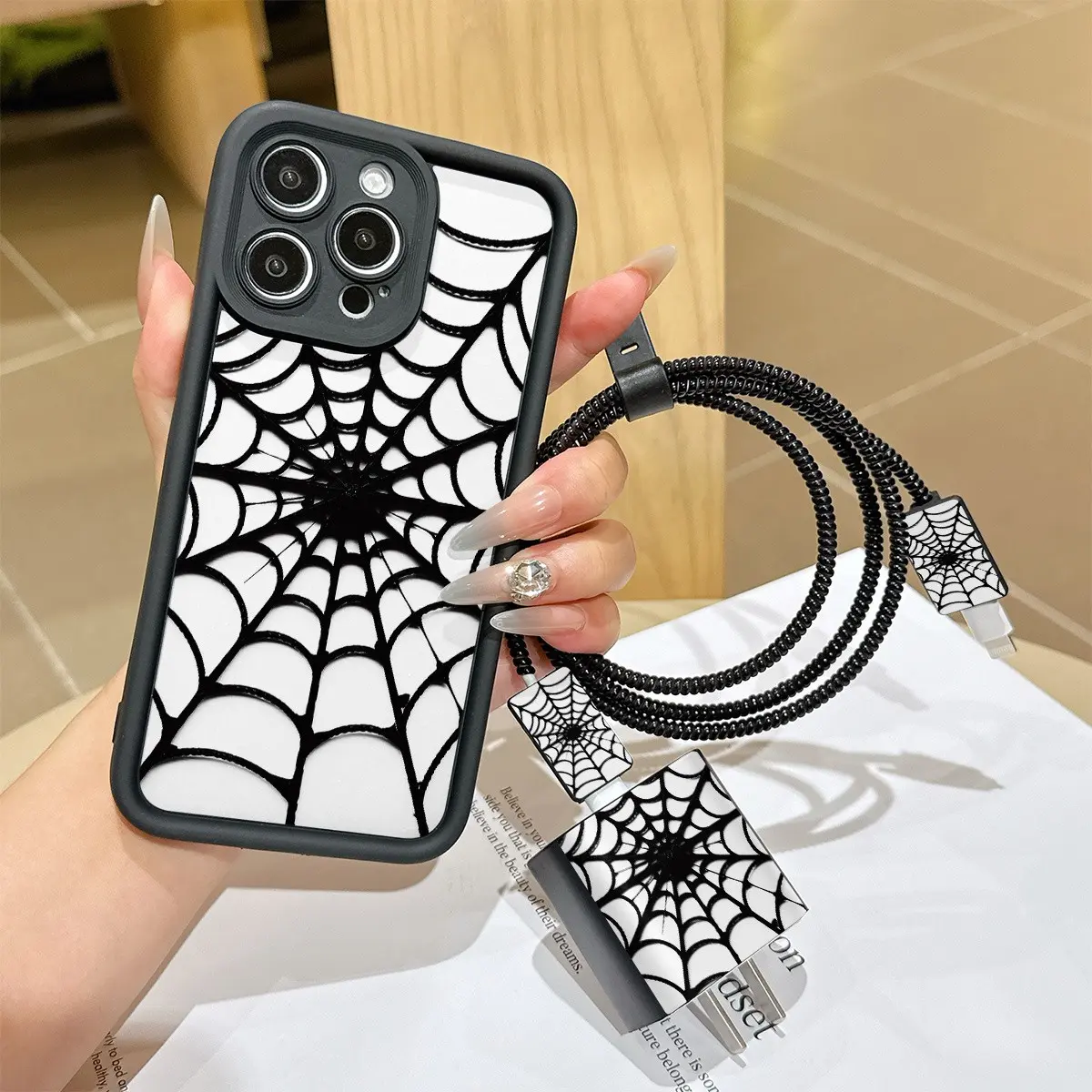 6 Piece Set Spider Web Tower Pattern Aesthetic Protective Phone Case, Cover, Shockproof, Compatible with iPhone 11-16 Series, Includes Charger & Cable Protectors