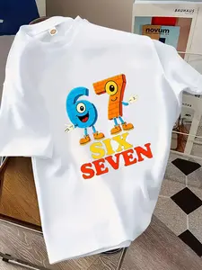 Fashion Boys Versatile Short Sleeve, #67 Six Seven Creative Cartoon Blue Number Pattern Design, Casual Short Sleeve T-Shirt Outdoor Wear