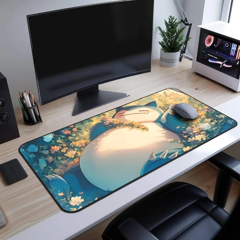 Snorlax Desk Mat, Cute Gaming Mouse Pad, XL Mousepad, Forest Theme, Non-Slip Base, Stitched Edges, Kawaii Desk Decor, Gift for Gamers