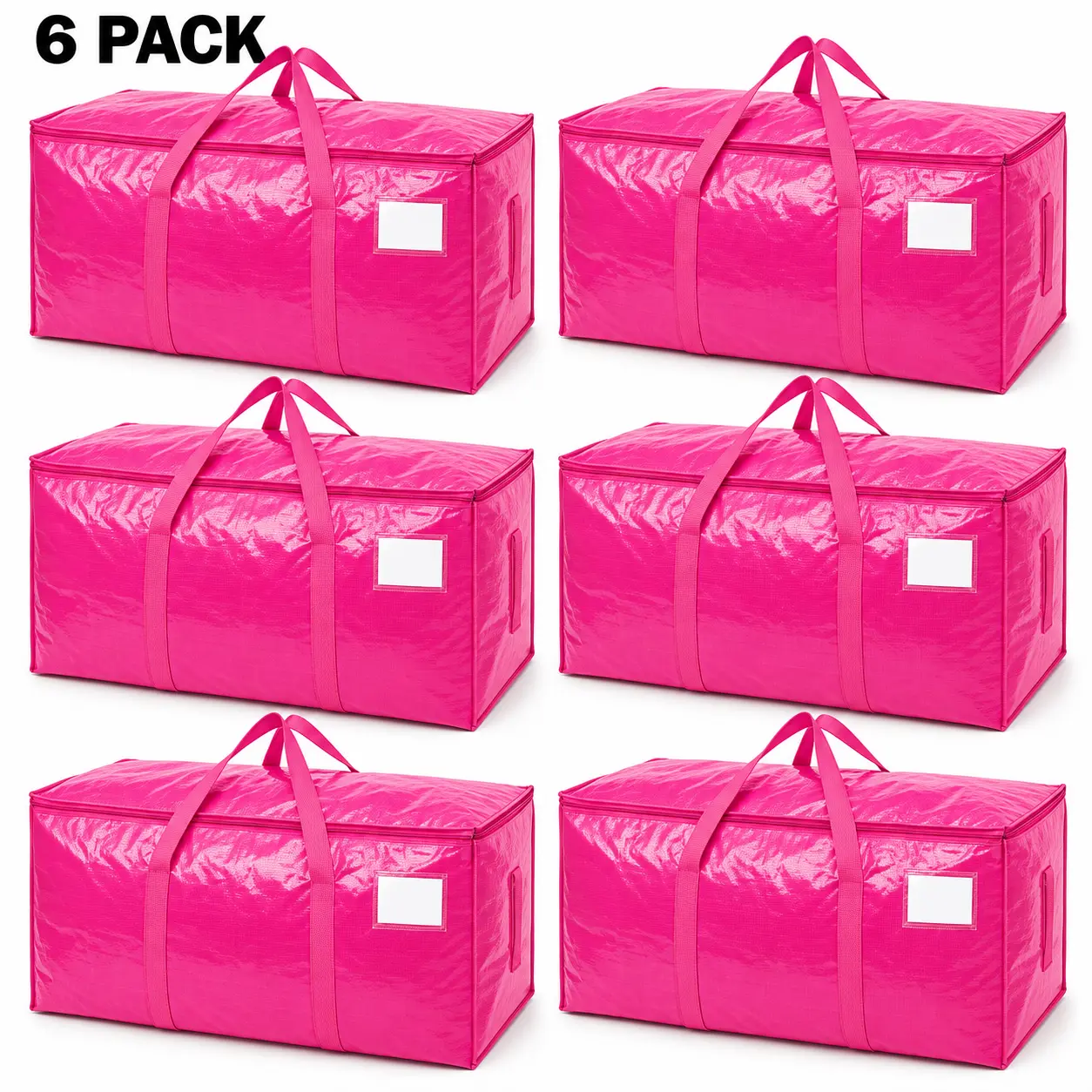 6-Pack Pink Heavy-Duty Coated PE Packaged Foldable Storage Bags, 87L High Capacity Multi-Purpose Totes (29x14x13in) with Zipper, Wrap-Around Handles, Writable Label Pocket for Storage Organization, Moving Supplies