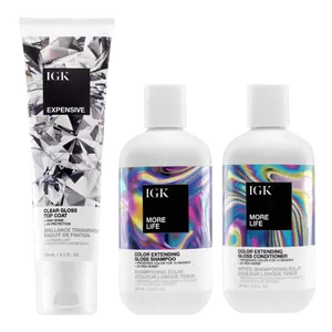 IGK EXPENSIVE + MORE LIFE Haircare Cleansing Set with Color Extending Gloss Shampoo & Conditioner for Brilliance
