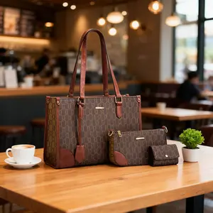 Vera T 3-Piece Tote Set (with Crossbody Bag & Wallet) - Coffee Brown Monogram PU Leather Handbag for Women. Large Capacity for Work, Travel & Everyday.