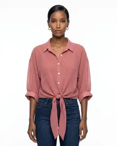 Sheer Tie-Front Crop Blouse