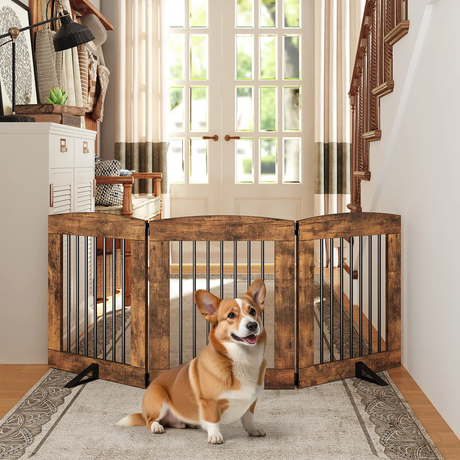 HOOBRO Foldable Dog Fence Versatile Pet Safety Gate, Freestanding Pet Gate for Doorway, Stairs, 24 Inch 3 Panels, Indoor Dog Gate with Support Feet, 360° Hinge for Easy Access, Sturdy Iron Pipe, Rustic Brown #SummerVibes