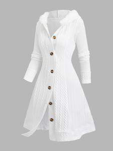 women's solid color fuzzy trim hooded long knitted coat, casual elegant long sleeve button front outerwear knitwear for fall & winter, ladies clothes long coat for daily wear