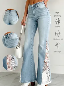 American Vintage Lace Patchwork Bohemian High Waist Flare Jeans, Everyday Stylish Denim Jeans for Women, Trendy Fashion Clothing Fit Pants