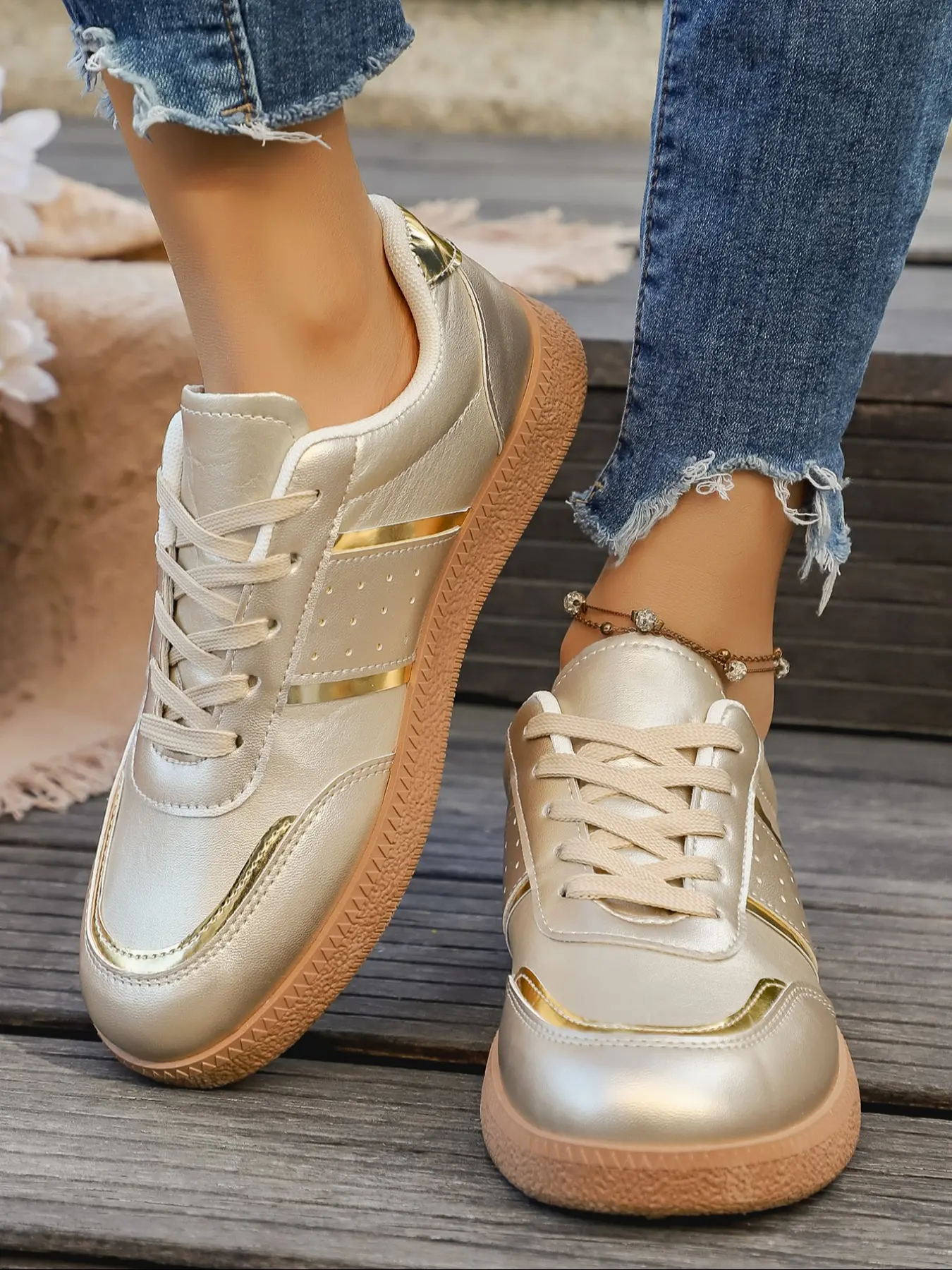 Women's Metallic Gold Retro German Trainer Sneakers | Gold Color Block Stripes Shiny Luxury Style Fashion Lace-Up Casual Sneakers Streetwear Footwear for Daily & Commute Streetwear Shoes