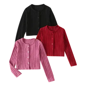 3-piece girls autumn and winter round neck knitted skin-friendly solid color children's clothing children's spring long sleeve warm and elastic fashion Joker daily coat