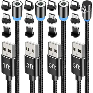 Magnetic Charging Cable 4-Pack [1ft/3ft/6ft/6ft], 360° Rotating Magnetic Phone Charger Cable with LED Light, 90° Angle Connector, Nylon-Braided Cords