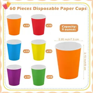 60 Pieces 9 Ounce Disposable Paper Cups Rainbow Party Cups Drinking Cups for Party, DIY and Holiday