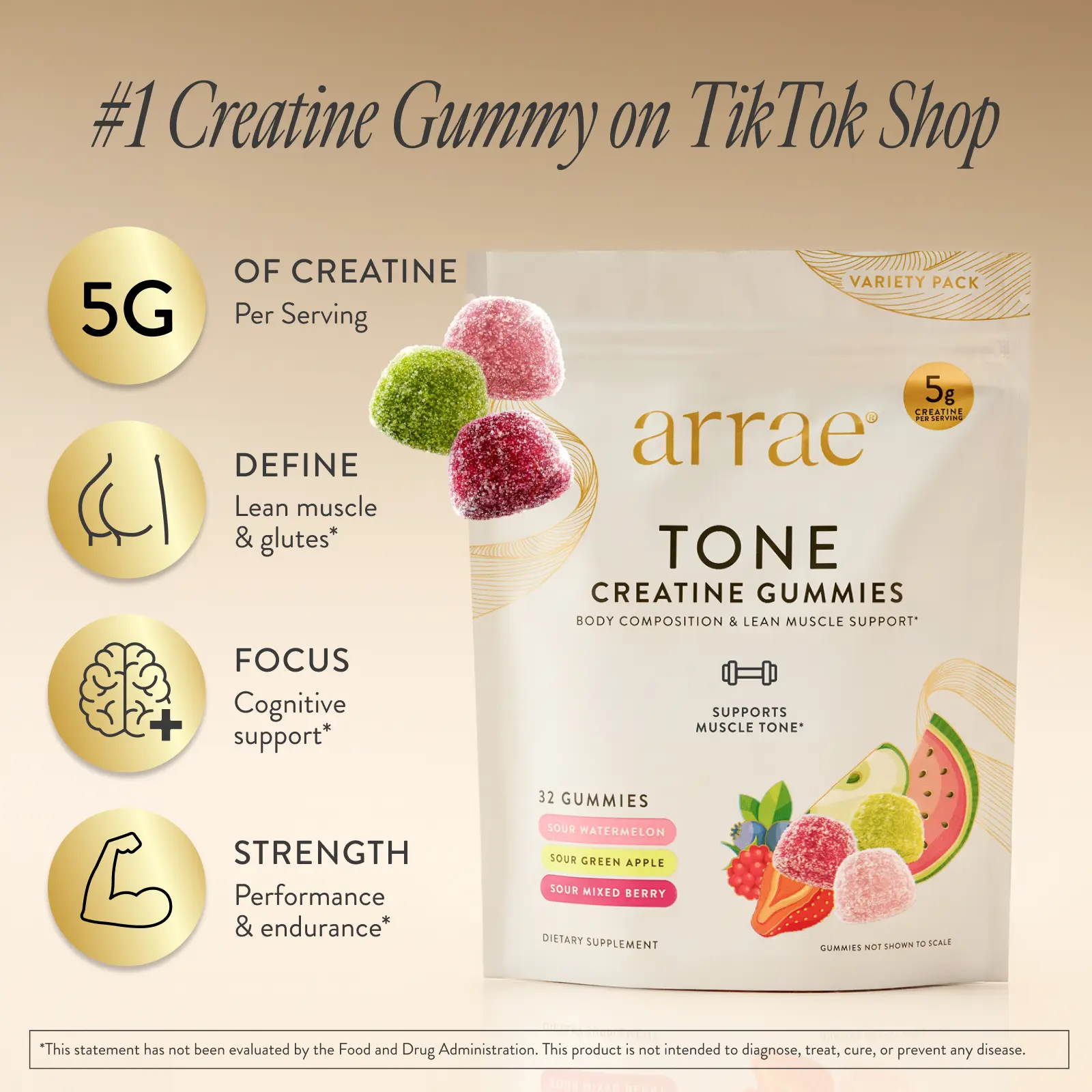arrae Tone Variety Creatine Gummies | Assorted Sour Flavors (Watermelon, Green Apple, Mixed Berry)| Gut-Friendly Formula for Energy, Cognitive Health, Post-Workout Recovery