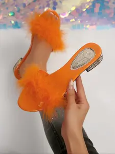 Women's Low Heel Slip-On Fur Sandals, Comfortable Plush Feather Fluffy Fashion Shoes, Indoor Outdoor Wear, Casual Soft Style Footwear