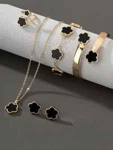 Elegant 5-Piece Jewelry Set for Women, Floral Necklace, Bracelet, Earrings, Ring, European Style, Unique High-End Design